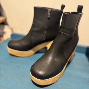 Bohme Black Heeled Boots with Tan Platform